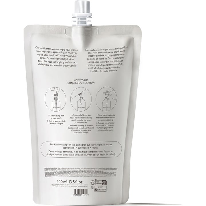 Molton Brown Delicious Rhubarb & Rose 400 ml handtvål refill i mjuk påse med instruktioner för påfyllning.