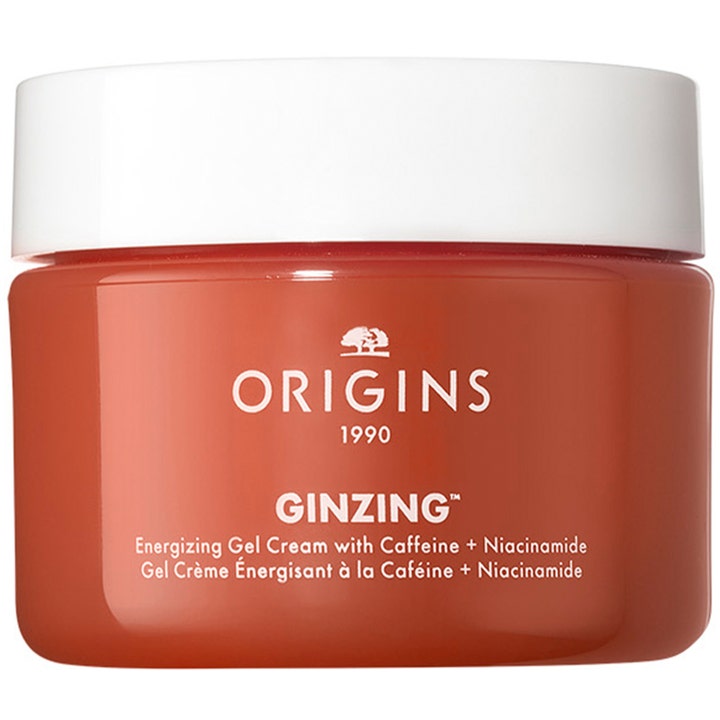 Origins GinZing Energizing Gel Cream hudkräm med koffein ger lyster i en orange burk med vitt skruvlock.