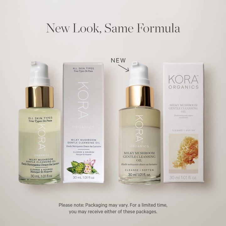 KORA Organics Milky Mushroom Gentle Cleansing Oil 30 ml rengöringsolja i glasflaska med ny och gammal design