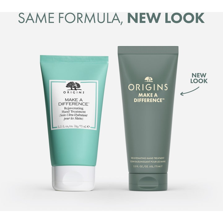 Origins Make a Difference 75 ml handkräm i gammal turkos tub bredvid ny mörkgrön tub med texten New Look.