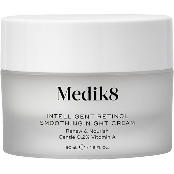 Medik8 Intelligent Retinol Smoothing Night Cream 50ml intelligent retinolkräm för antiaging hudvård i frostad glasburk