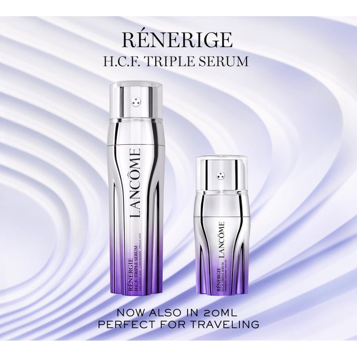 Lancôme Renergie H.C.F. Triple Serum Duo 20ml hyaluronsyra serum anti-aging i silverflaskor mot lila vågor.