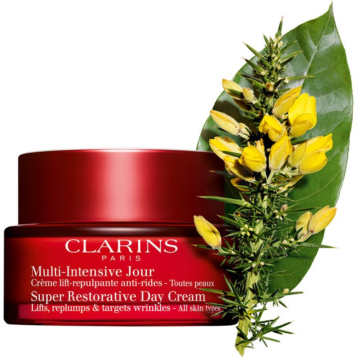 Clarins Super Restorative Day Cream 50 ml näringsrik dagkräm med anti-aging effekt i röd glasburk med gula blommor