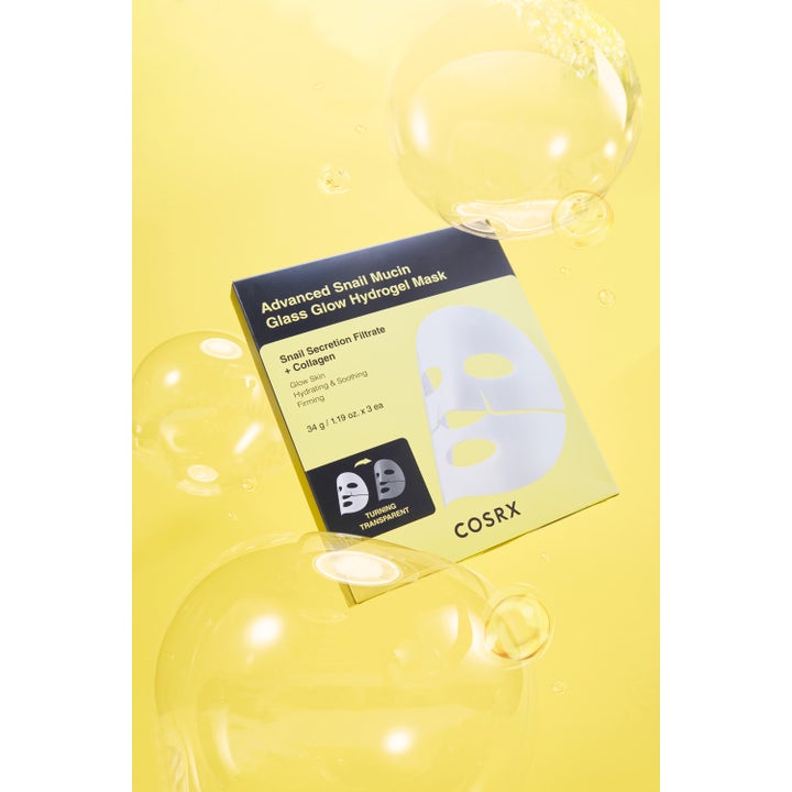 COSRX Advanced Snail Mucin Glass Glow Hydrogel Mask 3 st återfuktande ansiktsmask med snigelslem bland stora bubblor