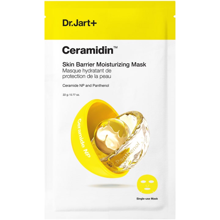 Dr. Jart+ Ceramidin Skin Barrier Moisturizing Mask 22 g fuktgivande hudbarriär mask i vit förpackning med gul grafik