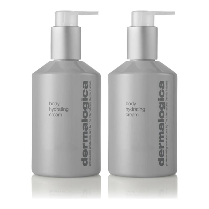 Dermalogica Body Hydrating Cream återfuktande kroppskräm i två grå matta flaskor med praktisk vit pump