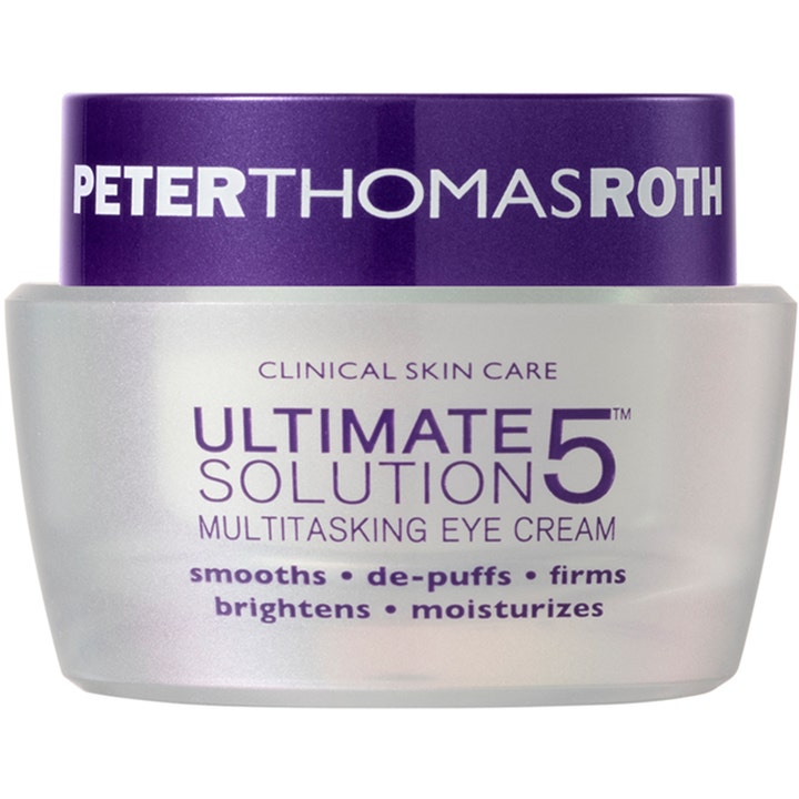 Peter Thomas Roth Ultimate Solution 5 Multitasking Eye Cream lyxig ögonkräm mot svullna påsar i frostat glas med lila lock.