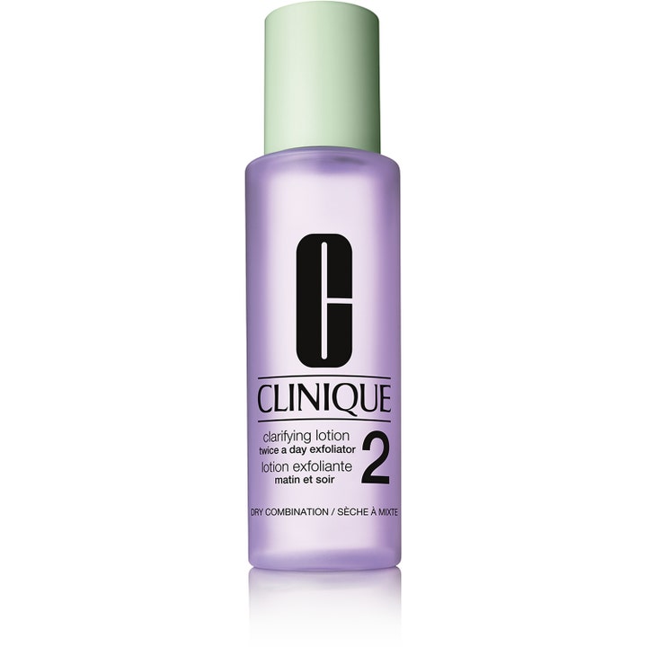 Clinique Clarifying Lotion 2 klargörande exfolierande toner daglig användning i lila flaska med mintgrönt lock