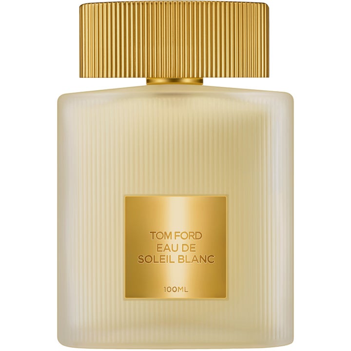 Tom Ford Eau de Soleil Blanc 100ml fräsch parfym i flaska av frostat räfflat glas med guldfärgat lock