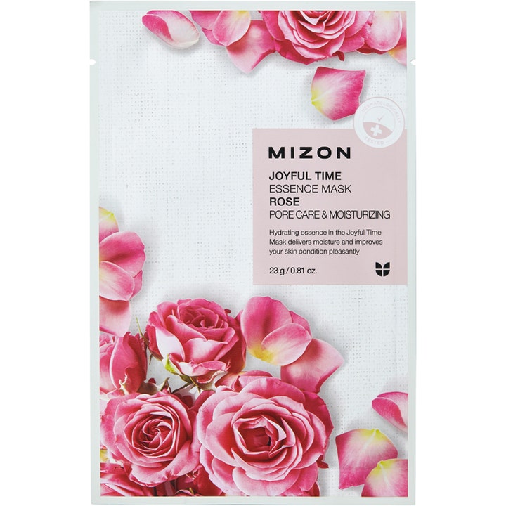 Mizon Joyful Time Essence Mask Rose 23 g ansiktsmask för porer med rosextrakt i vit sachet prydd med rosa rosor.