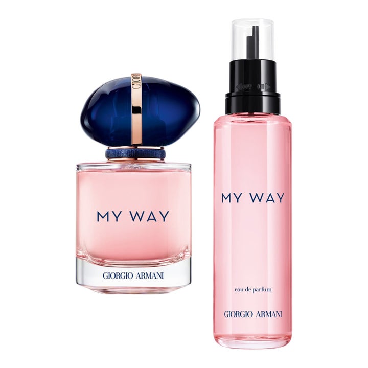 Giorgio Armani My Way refill 150ml blommig parfym i glasflaska med blå kork och rosa vätska i smal refillflaska