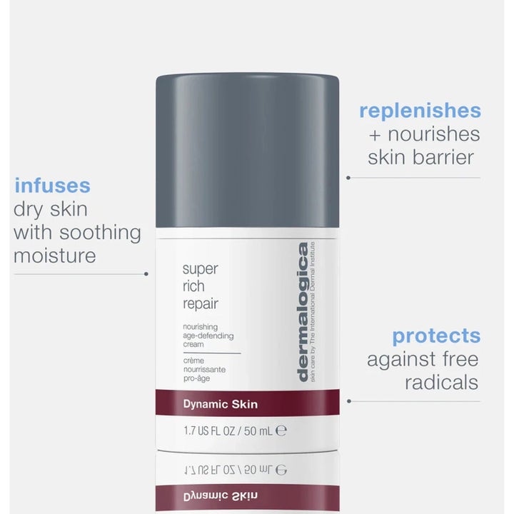 Dermalogica Super Rich Repair 50 ml anti-age ansiktskräm i vit tub med grått lock som ger näring och fukt.