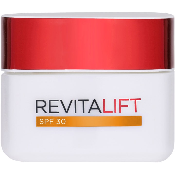 L'Oréal Revitalift SPF 30 anti age kräm med solskyddsfaktor i en vit fyrkantig burk med rött glänsande lock