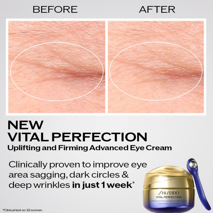 Shiseido Vital Perfection Eye Cream 15 ml uppstramande ögonkräm visar före och efter resultat på rynkor vid guldglänsande burk.