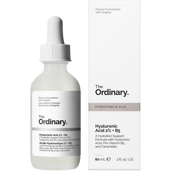 The Ordinary Hyaluronic Acid 2% + B5 60 ml återfuktande serum i frostat glasflaska med vit ytterförpackning.