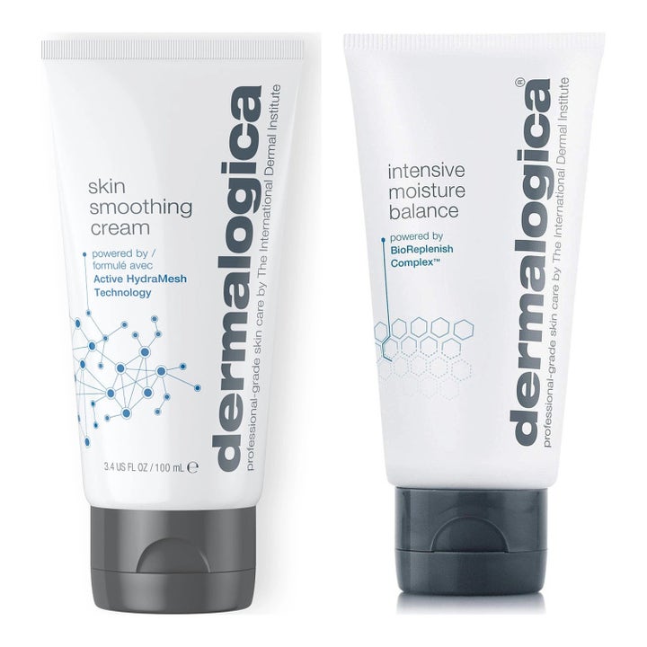 Dermalogica Skin Smoothing Cream och Intensive Moisture Balance återfuktande ansiktskräm i vita tuber med grå lock.