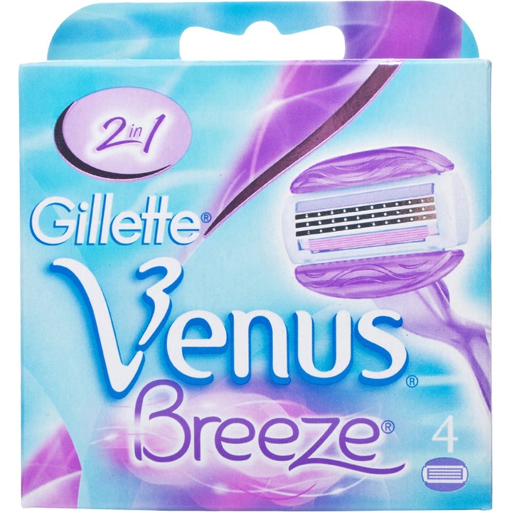 Gillette Venus Breeze 4-pack rakblad med inbyggda rakgelsremsor i en lila och blå pappersförpackning