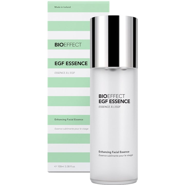 Bioeffect EGF Essence 100ml anti-aging essens i frostad glasflaska med silverlock och vitgrön förpackning.