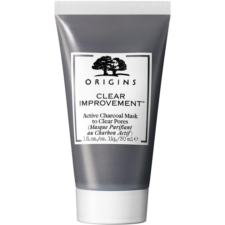 Origins Clear Improvement 30 ml aktivt kol ansiktsmask för ren hud i en mörkgrå tub med vitt lock.