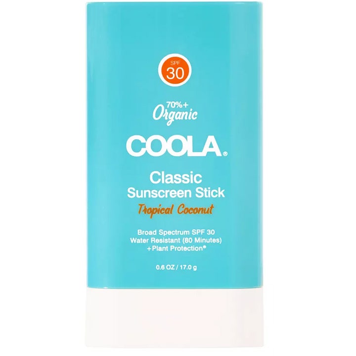 COOLA Classic Sunscreen Stick 17 g ekologisk solkräm ger bredspektrum spf 30 i ett turkost solkrämstift med vit bas