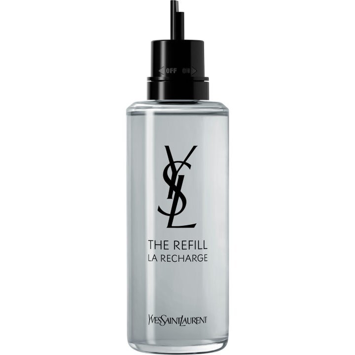 Yves Saint Laurent MYSLF Eau de Parfum 150 ml herr parfym refill flaska i en cylindrisk glasflaska med svart munstycke