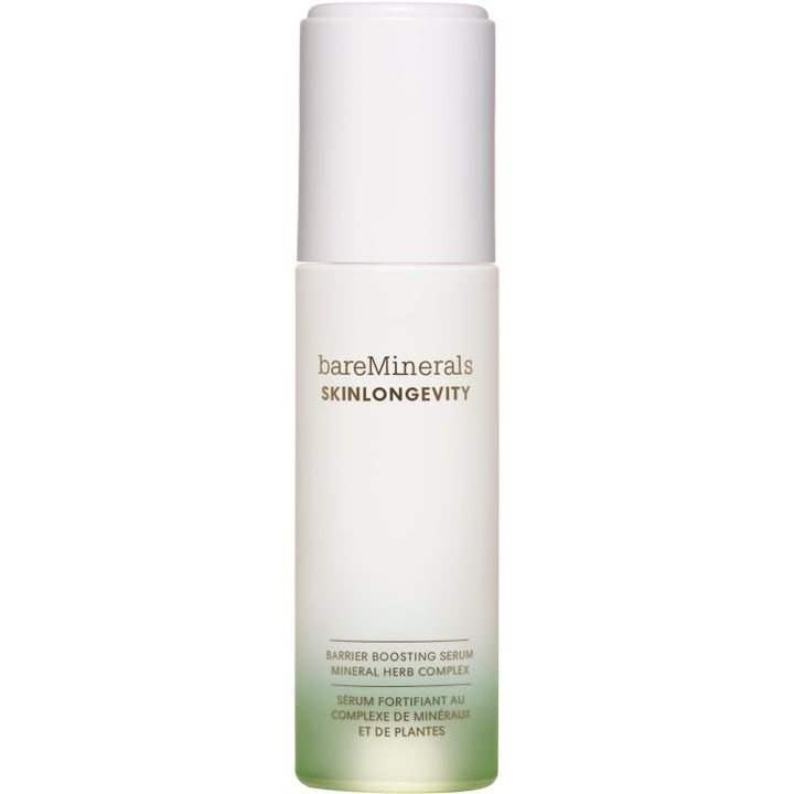 bareMinerals Skinlongevity Barrier Boosting Serum 50ml som stärker hudbarriären i en vit flaska med grön gradient.