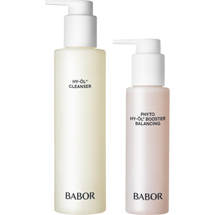 Babor HY-ÖL Cleanser och Phyto Booster Balancing balanserande rengöring i frostade flaskor med vita pumpar.