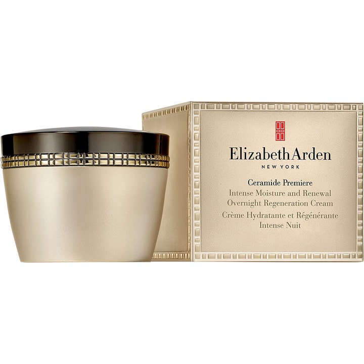 Elizabeth Arden Ceramide Premiere ceramid återfuktande nattkräm i guldfärgad burk med svart lock och guldask.