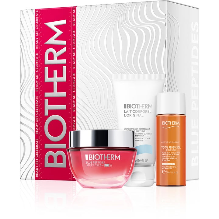 Biotherm Blue Peptides Uplift SPF 30 Gift Set hudvårdsset i vit mönstrad box med ansiktskräm, bodylotion och rengöringsolja