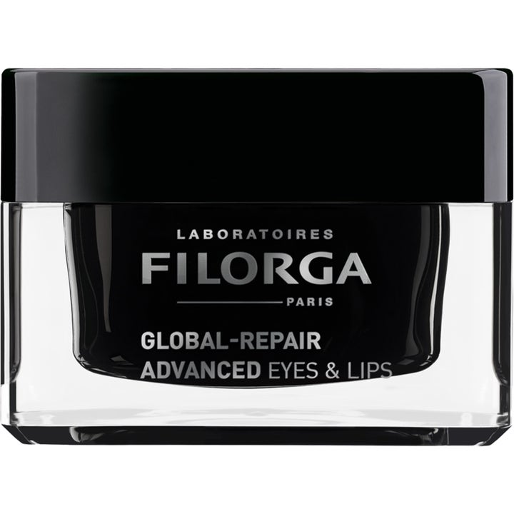 Filorga Global-Repair Advanced Eyes & Lips 15 ml ögon- och läppkräm i en elegant svart glasburk med silvertext.