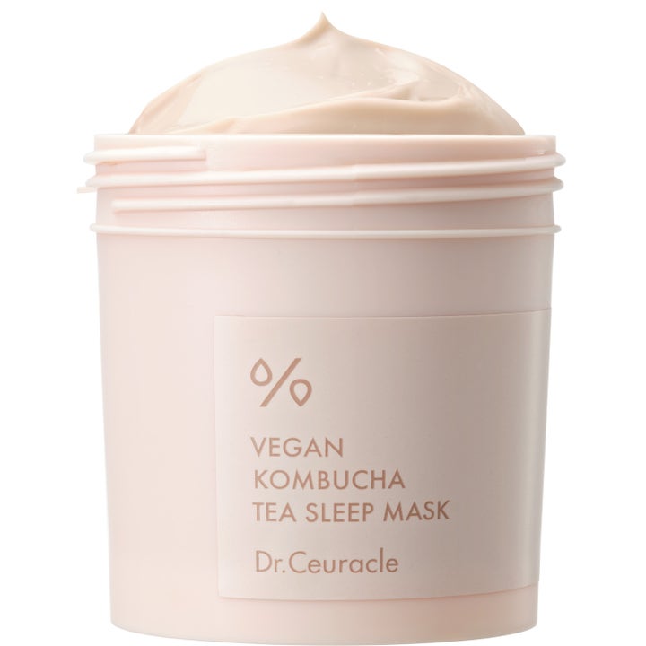 Dr. Ceuracle Vegan Kombucha Tea Sleep Mask återfuktande nattmask i ljusrosa burk med synlig krämig beige textur