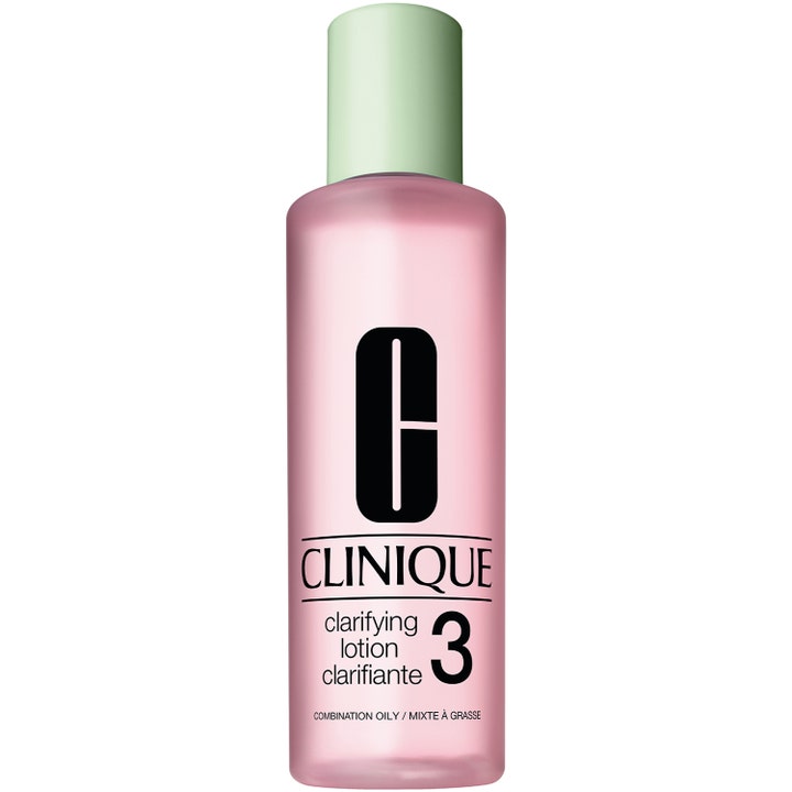 Clinique Clarifying Lotion 3 klargörande ansiktslotion för fet hy i rosa flaska med ljusgrönt lock som ger klarare hud