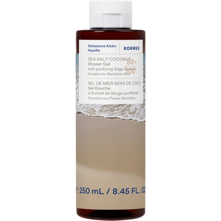 Korres Sea Salt Coconut Shower Gel 250 ml rengörande duschgel i mörkbrun flaska med vit kork och etikett med sandstrand.