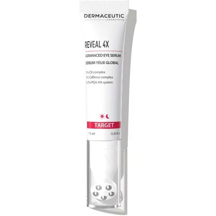 Dermaceutic Reveal 4X 15 ml ögonserum mot mörka ringar i vit tub med unik svalkande metallapplikator