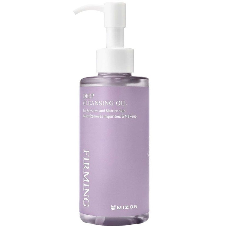 Mizon Firming Deep Cleansing Oil 150 ml djuprengörande olja i en lila plastflaska med vit pump.