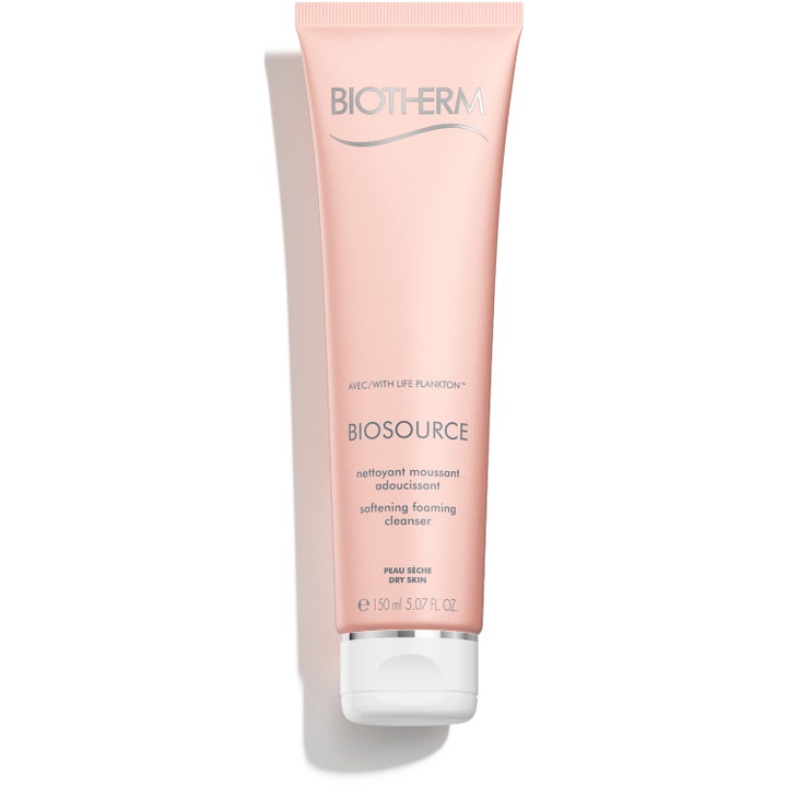 Biotherm Biosource 150 ml fuktgivande Biotherm rengöringsskum för torr hud i en ljusrosa tub med vitt lock