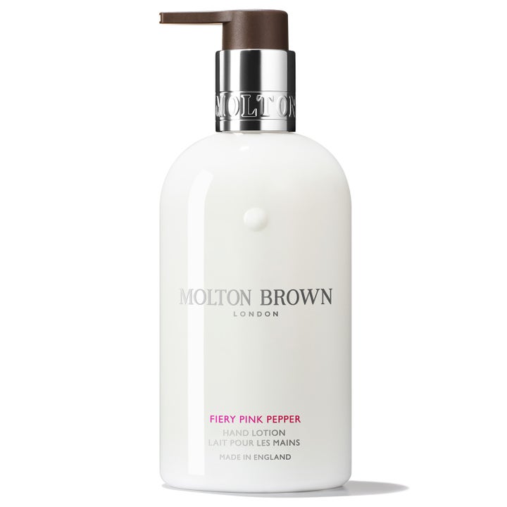 Molton Brown Fiery Pink Pepper 300ml återfuktande handkräm från England i vit pumpflaska med silverdetaljer