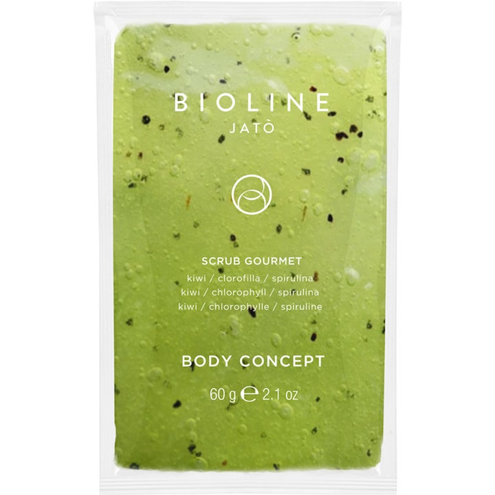 Bioline Jato Body Concept Scrub Gourmet 60 g exfolierande peeling i påse med grön textur av kiwi och spirulina.