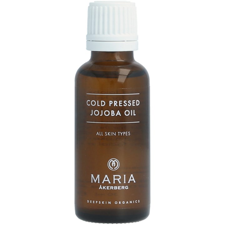 Maria Åkerberg Cold Pressed Jojoba Oil kallpressad jojobaolja för torr hy i en brun glasflaska med vitt skruvlock