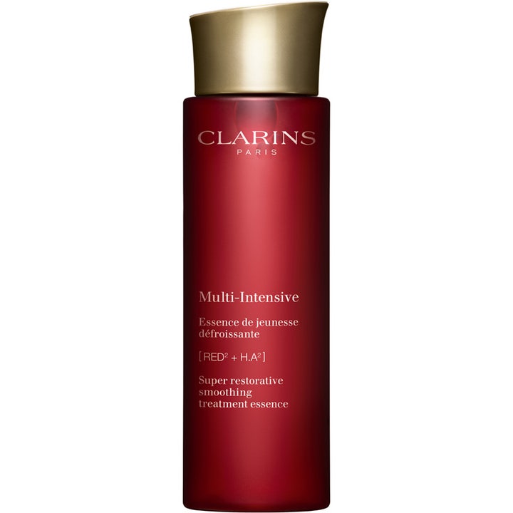 Clarins Multi-Intensive Treatment Essence 200ml antiaging ansiktsessens i rödtonad flaska med elegant guldlock.
