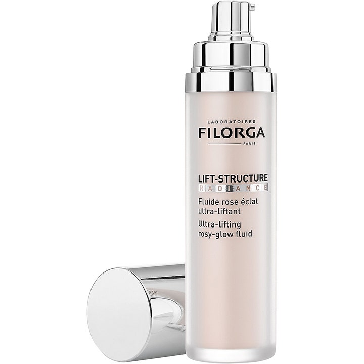 Filorga Lift-Structure Radiance 50 ml lystergivande dagkräm i frostad pumpflaska med ett avtaget silverlock.