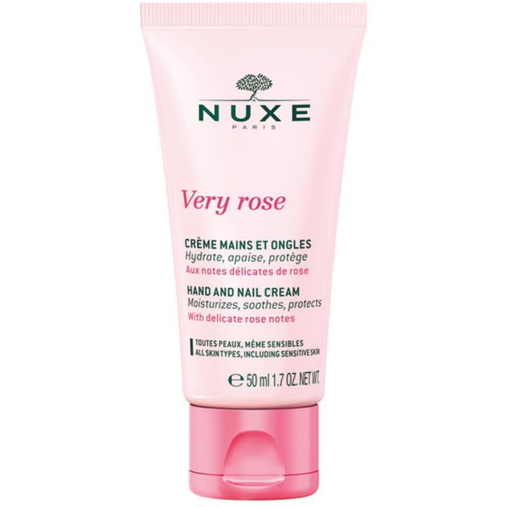 Nuxe Very Rose 50 ml fuktgivande handkräm för daglig handvård med ros i en ljusrosa tub med klicklock.