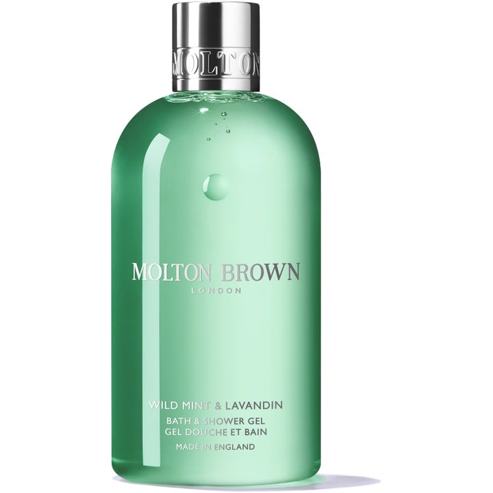 Molton Brown Wild Mint & Lavandin 300 ml uppfriskande duschgel i genomskinlig flaska med grön gel och silverkork.