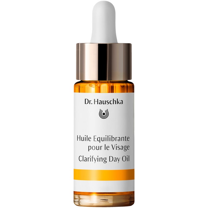 Dr Hauschka Clarifying Day Oil 18ml ekologisk ansiktsolja för talgbalans i glasflaska med guldlock och vit pipett.