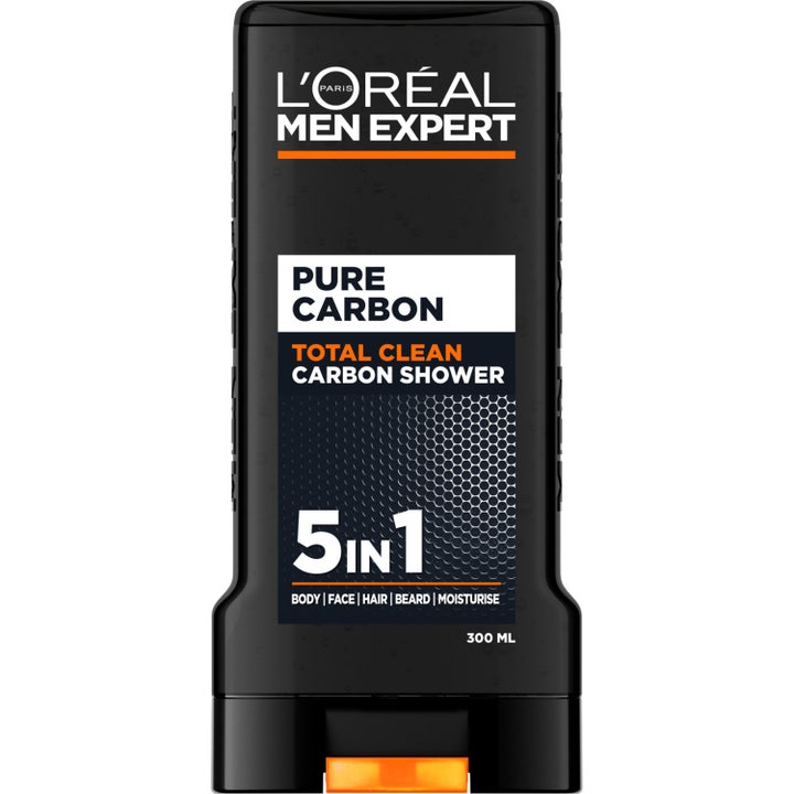 L'Oréal Men Expert Pure Carbon 300ml 5-i-1 duschgel för total rengöring i svart plastflaska med orange detalj.