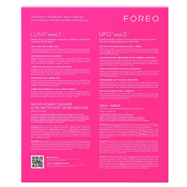 FOREO LUNA Mini 3 &amp; UFO Mini 2 Set Fuchsia lyxig LED-behandling hemma baksida av rosa box med instruktioner