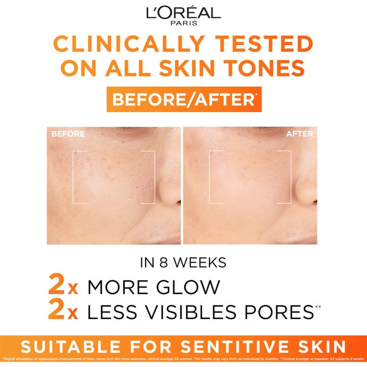 L'Oréal Paris Revitalift Clinical hudvård före och efter bilder som ger mer lyster och minskar porer.