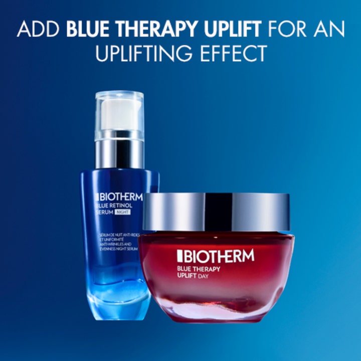 Biotherm Blue Retinol Serum Night 30 ml anti-rynk nattserum bredvid röd Blue Therapy Uplift Day ansiktskräm