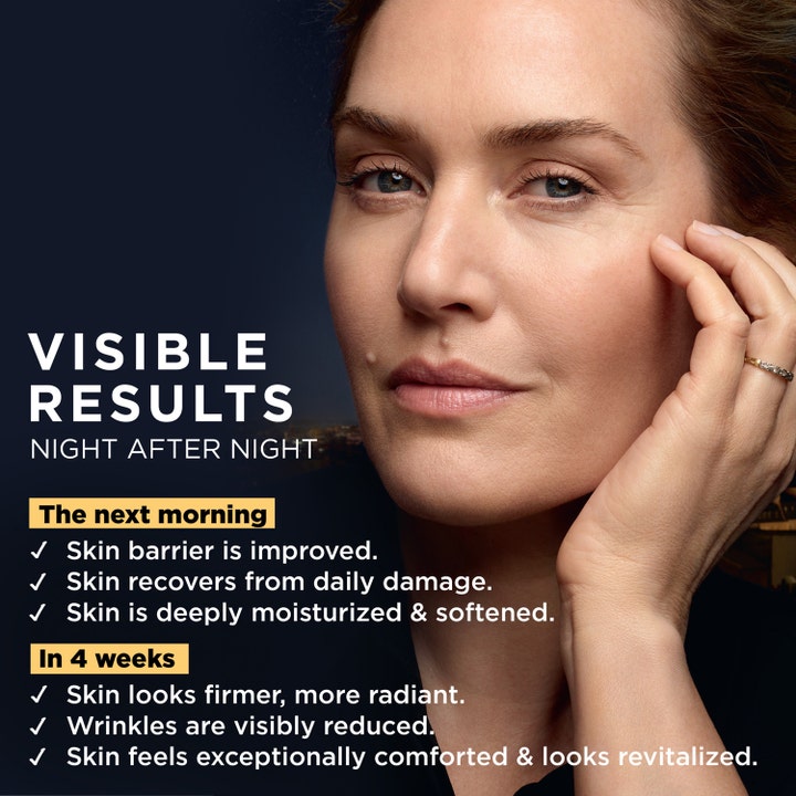 L'Oréal Paris Midnight Cream 50 ml age perfect nattkräm visar kvinna med lyster och text om age perfect cellförnyelse.