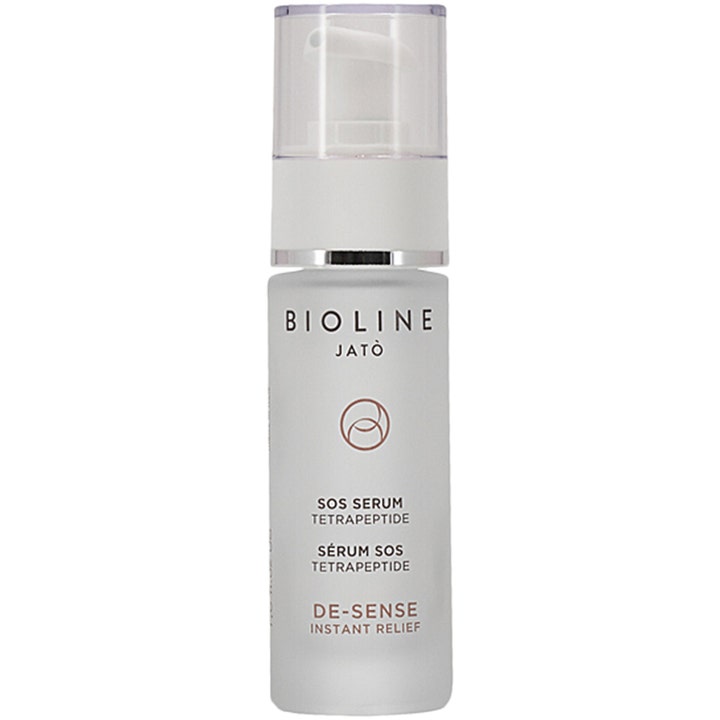 Bioline Jatò De-Sense SOS Serum Tetrapeptide lugnande ansiktsserum i en frostad glasflaska med silverdetaljer och pump
